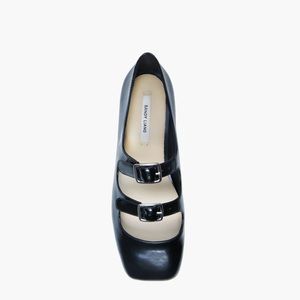 Sandy Liang Mary Jane Double Strap Black Spazzolato Leather Ballet Flats 38